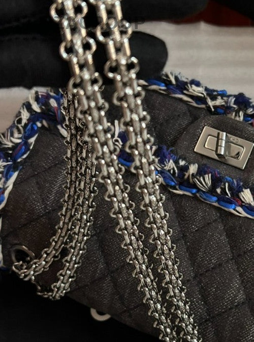 Chanel Denim Chain 2Way Shoulder Bag Crossbody Black Blue Women Classic