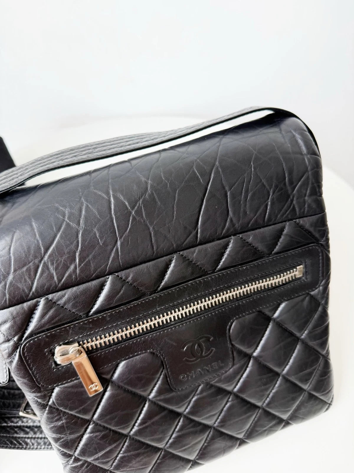 Chanel Coco Lambskin Black Silver Hardware Diamond Messenger Bag Crossbody