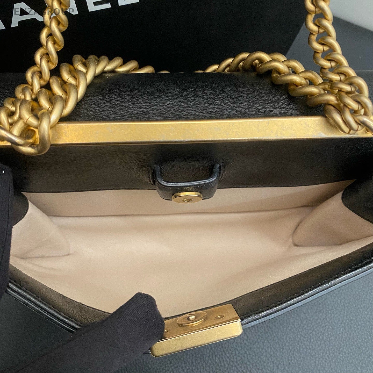 Chanel Lambskin Chain Shoulder Bag Black Gold Used Women Classic