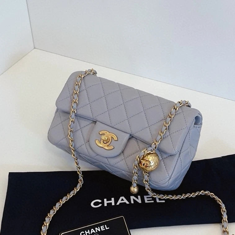 Chanel Classic Flap Mini Chain Shoulder Crossbody Gray Gold Diamond Women