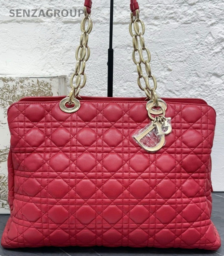 Dior Panarea Cannage  Chain Tote Shoulder Bag Red Gold Women Classic