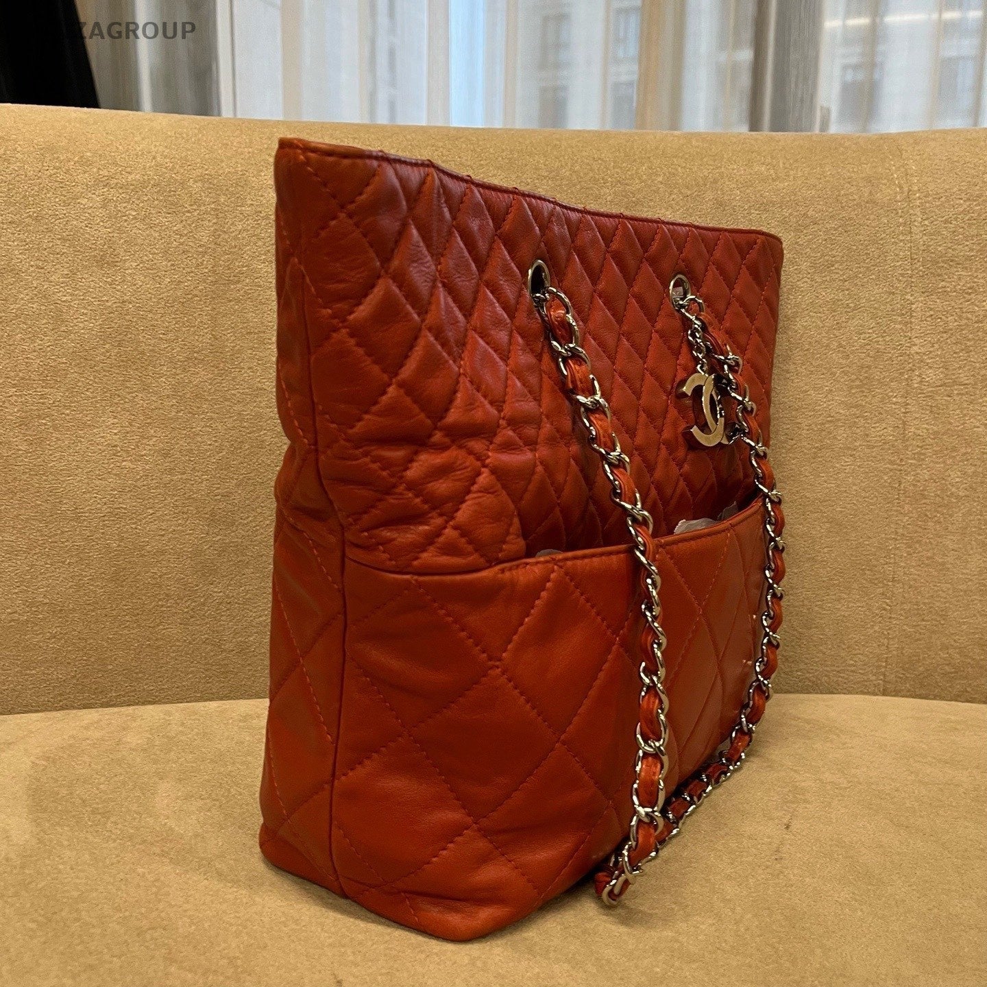 CHANEL Vintage Tote Diamond Pattern Chain Shoulder bag Red Silver Women