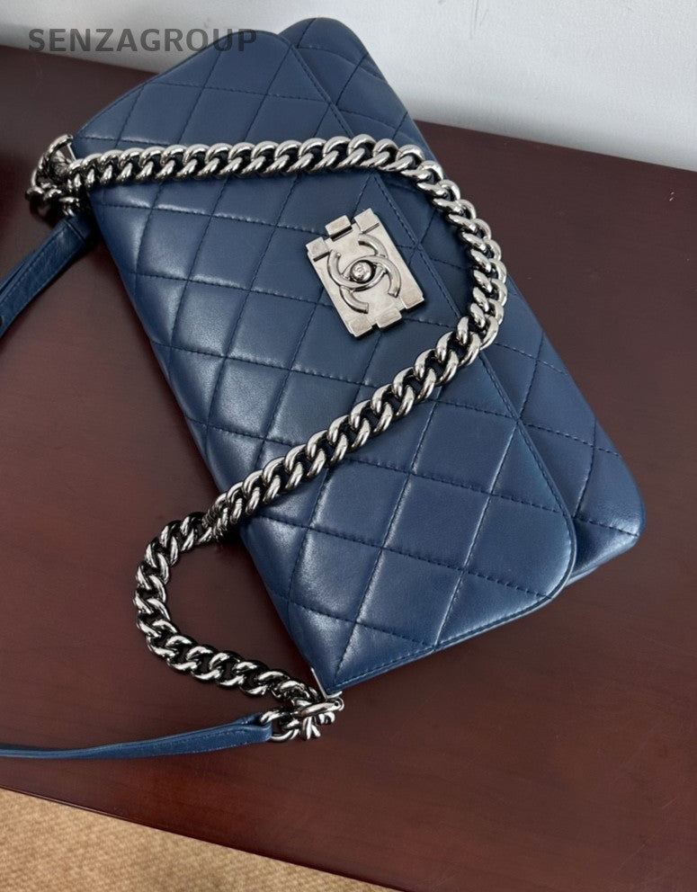 CHANEL Leboy Calfskin Chain Shoulder bag Crossbody Women Blue Silver