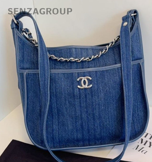 Chanel Hobo 2Way Shoulder Bag Crossbody Blue Silver Used Women Classic