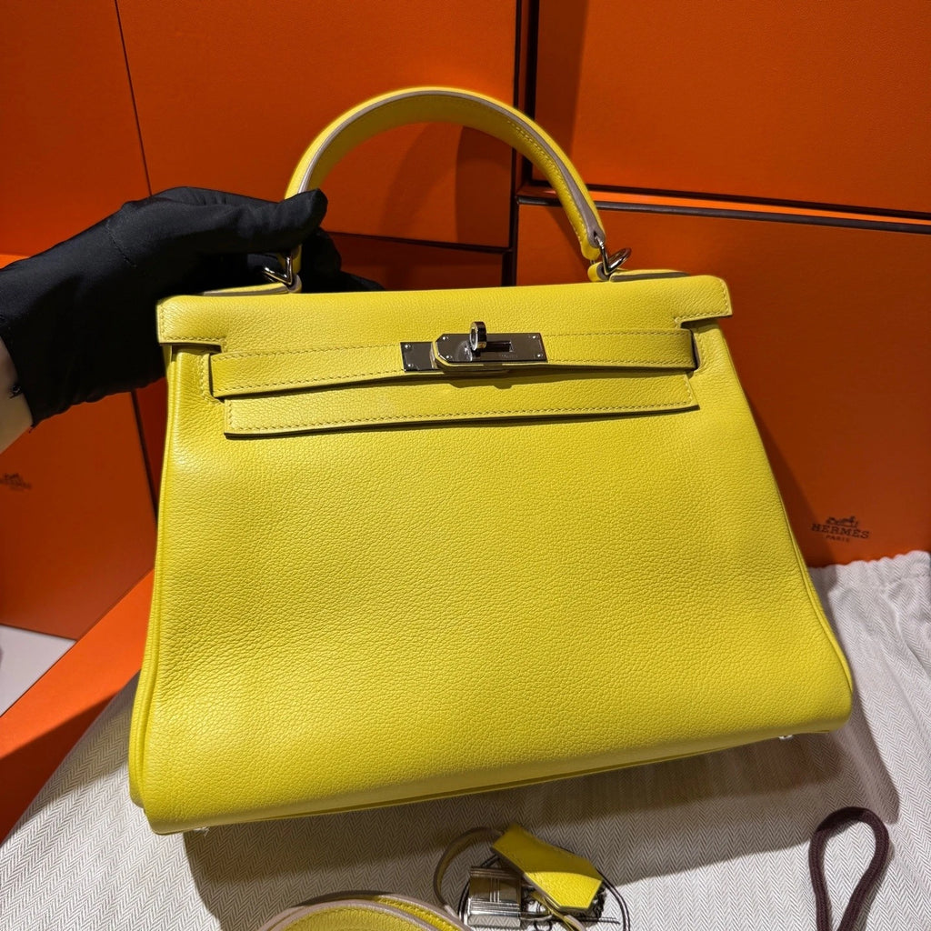 Hermes Kelly28 Evercolor Leather Yellow Top Handle Bag For Women