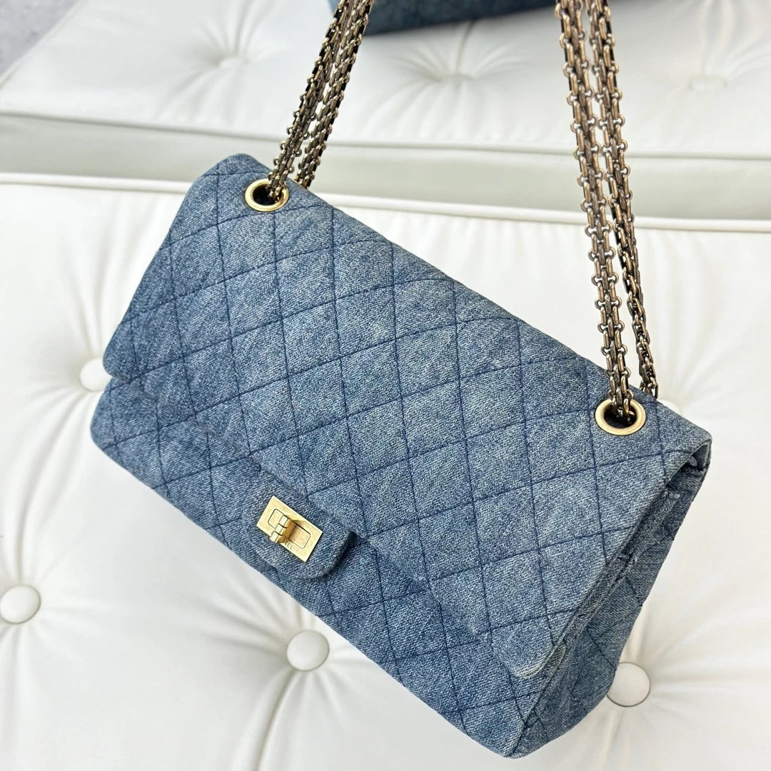 Chanel Denim Diamond Chain Shoulder Crossbody Bag Blue Gold Women S