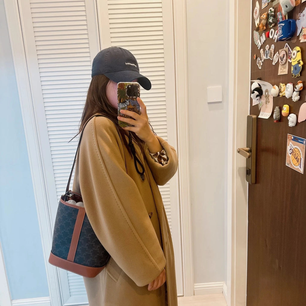 Celine Triomphe MM Bucket Shoulder Bag Black Brown Gold Women Classic