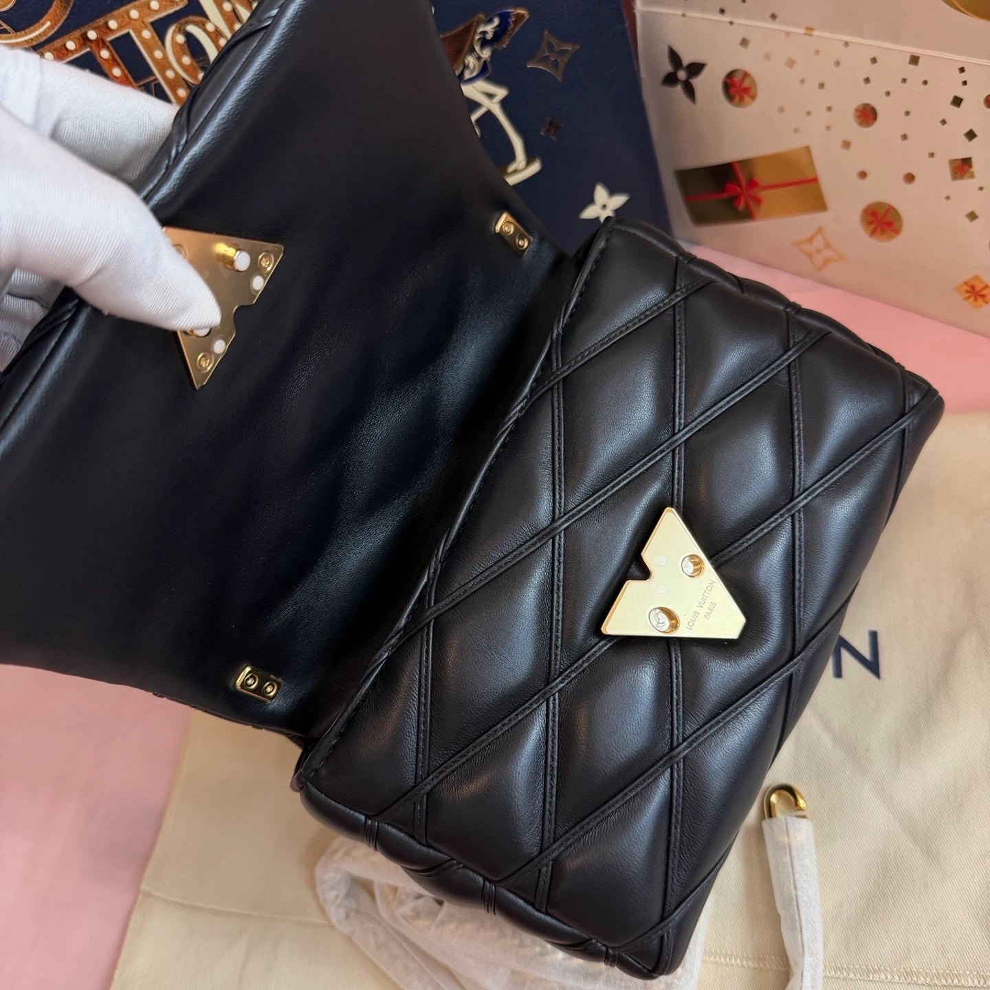Louis Vuitton GO-14 MM Top Handle Bag Chain Crossbody Black Gold Women Classic