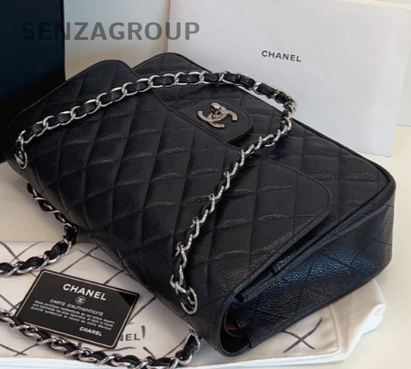 Chanel Classic Flap Jumbo Chain Shoulder Bag Black Silver Diamond Women Fashion