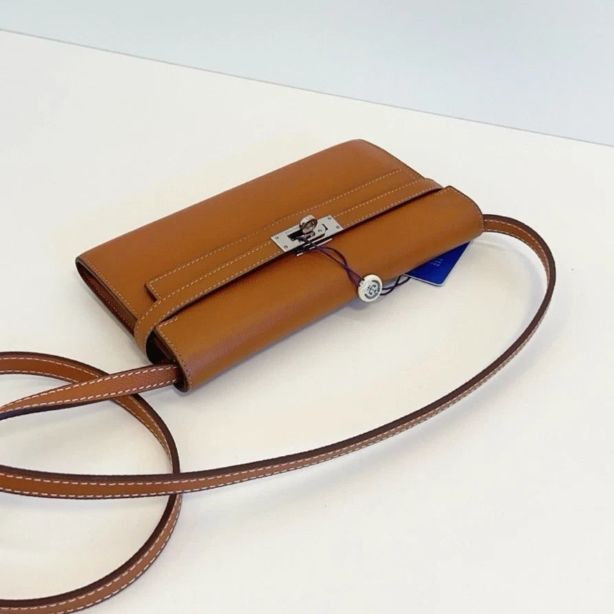 Authentic Hermes Kelly Long Wallet Epsom Shoulder Crossbody Bag Brown SHD