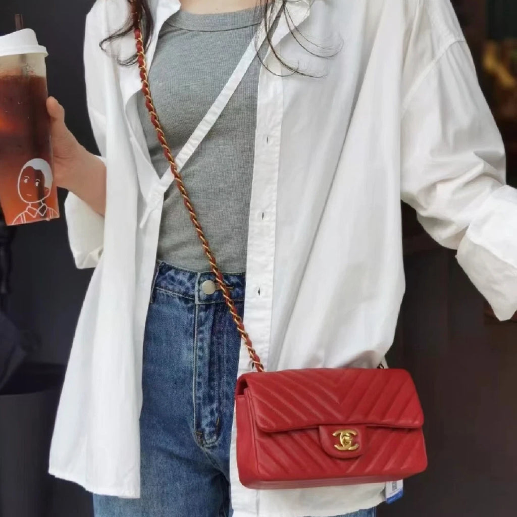 Chanel Classic Flap Mini Chain Calfskin Shoulder Bag Crossbody Red Gold Women S