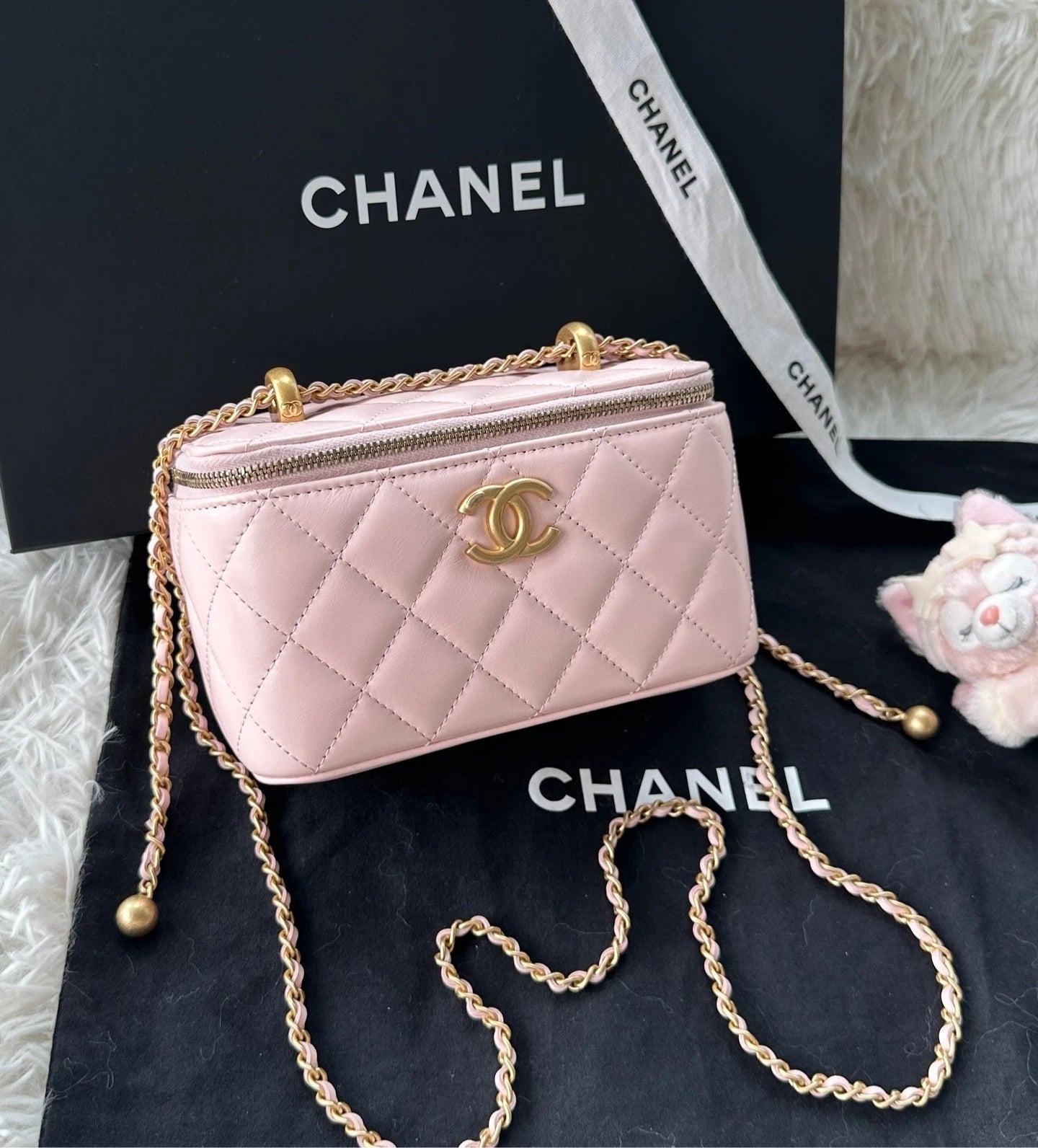 Chanel Sakura Pink Double Gold Ball Adjustable Chain Box Handbag Women