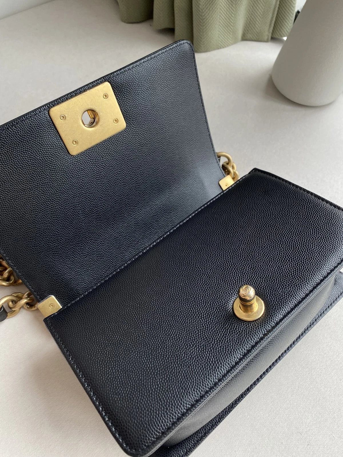 CHANEL Black Gold Leather Small LeBoy Shoulder Bag For Women