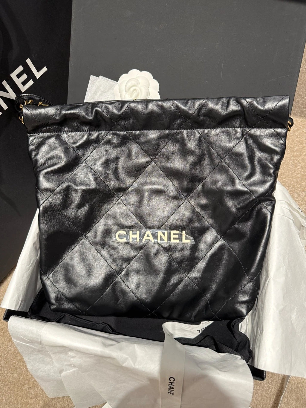 New CHANEL Calfskin 22 Small Black Tote Shoulder Bag For Women