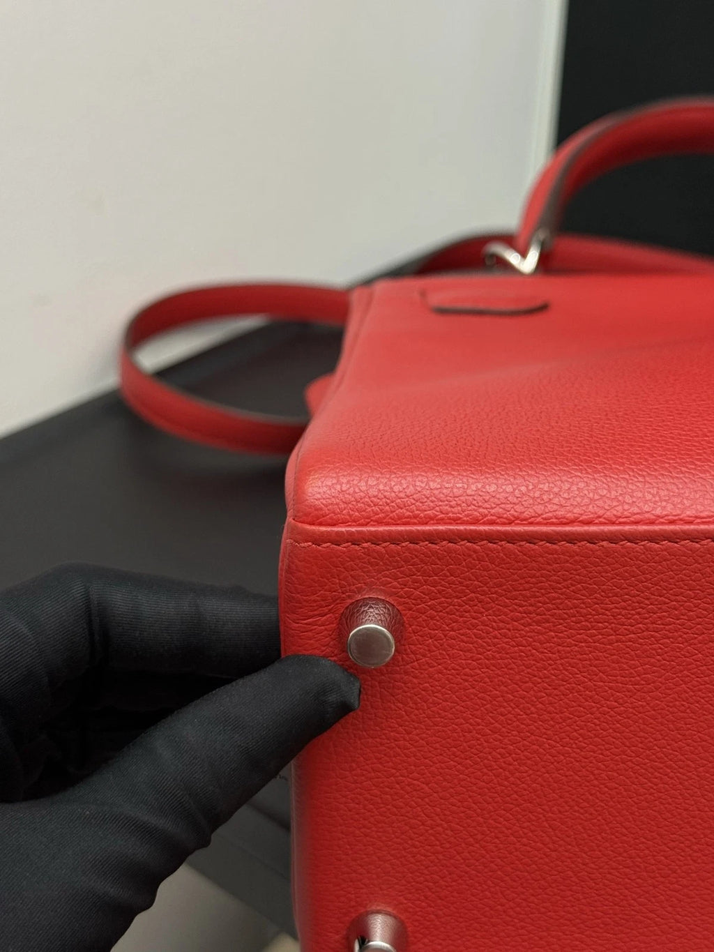 Hermes Kelly28 Evercolor Top Handle Bag Crossbody Red Silver Classic Women