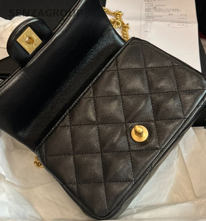 Chanel Classic Flap Lambskin Mini Chain Shoulder Bag Black Gold Women Designer