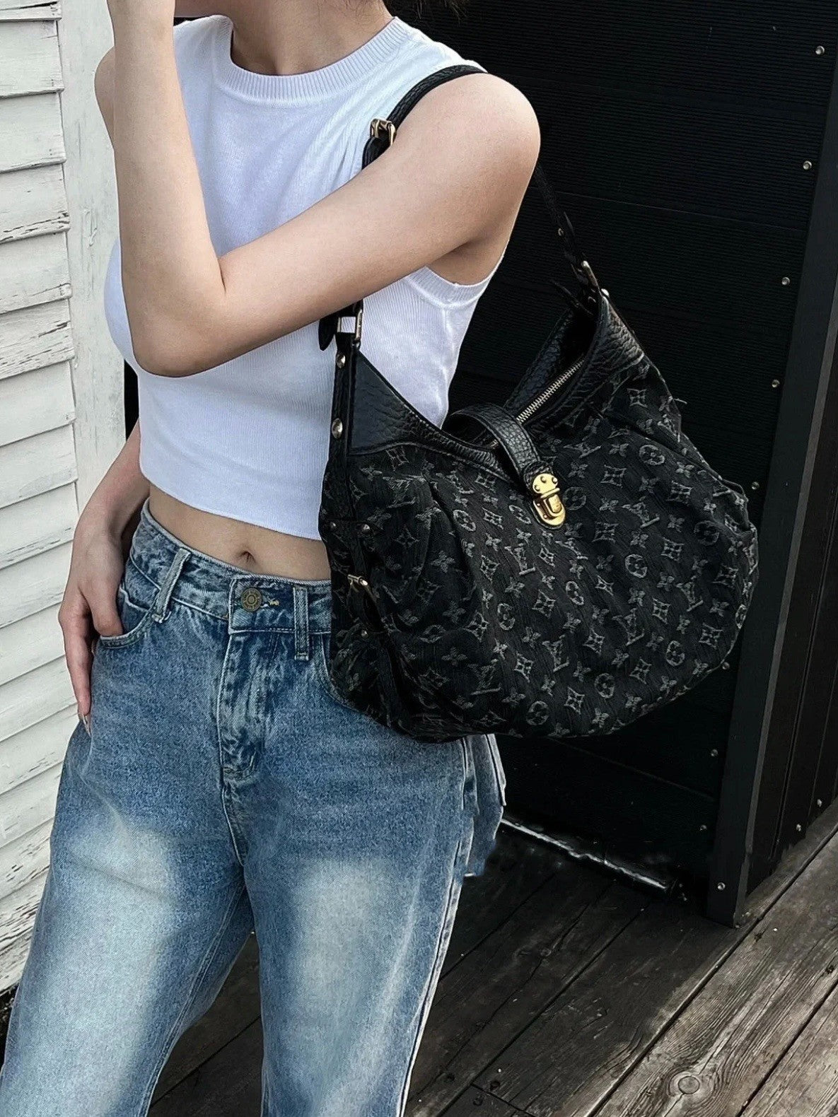Louis Vuitton Hobo Denim Premium Black Monogram Shoulder bag Women