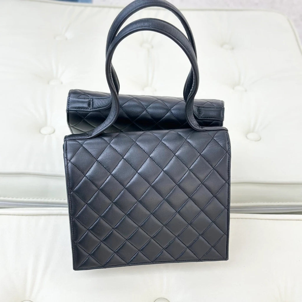 Chanel Vintage Lambskin Diamond Top Handle Bag Black Gold Hardware Women S