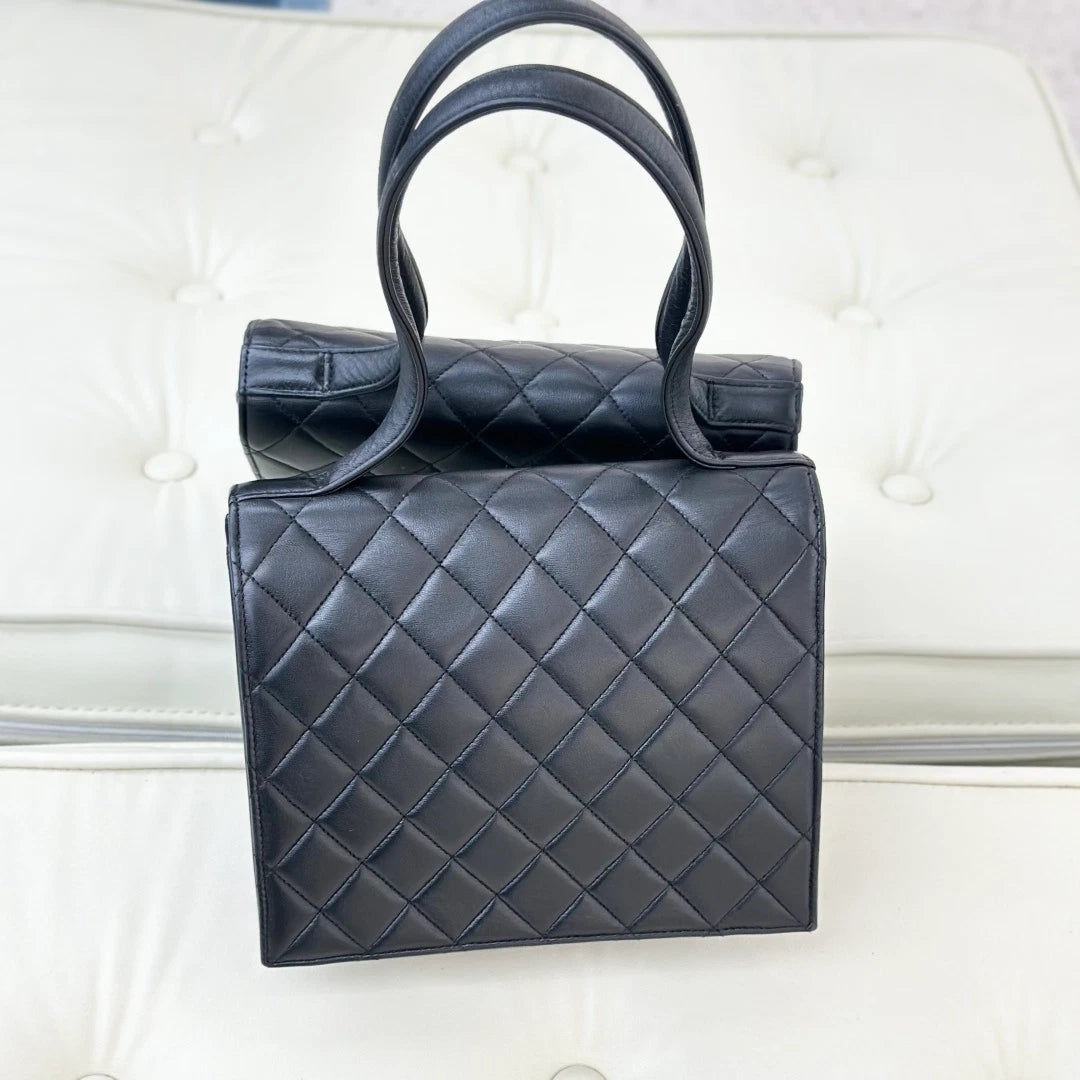 Chanel Vintage Lambskin Diamond Top Handle Bag Black Gold Hardware Women S