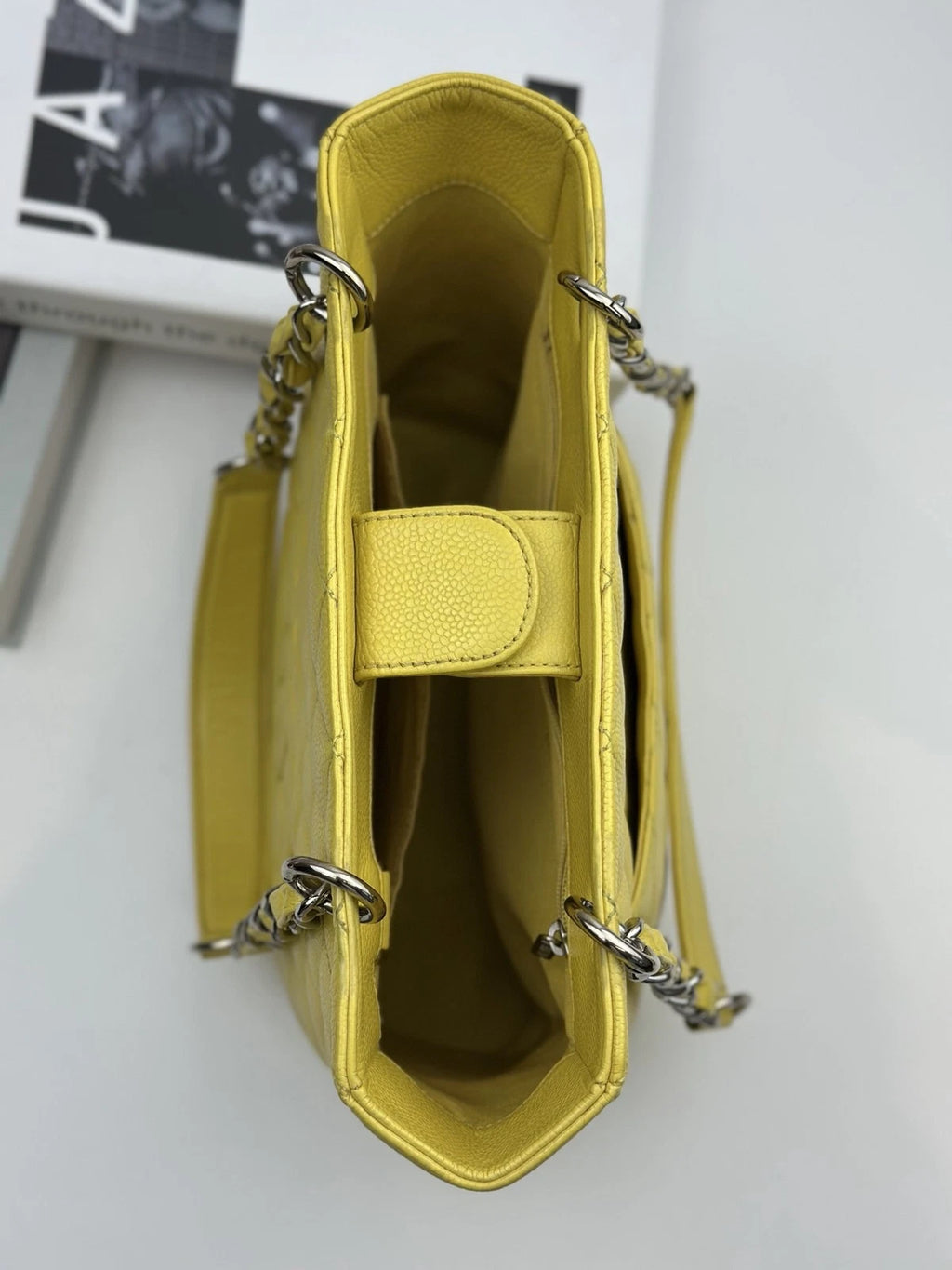 Authentic Chanel GST PM Silver Hardware Chain Yellow Tote Shoulder Bag Diamond