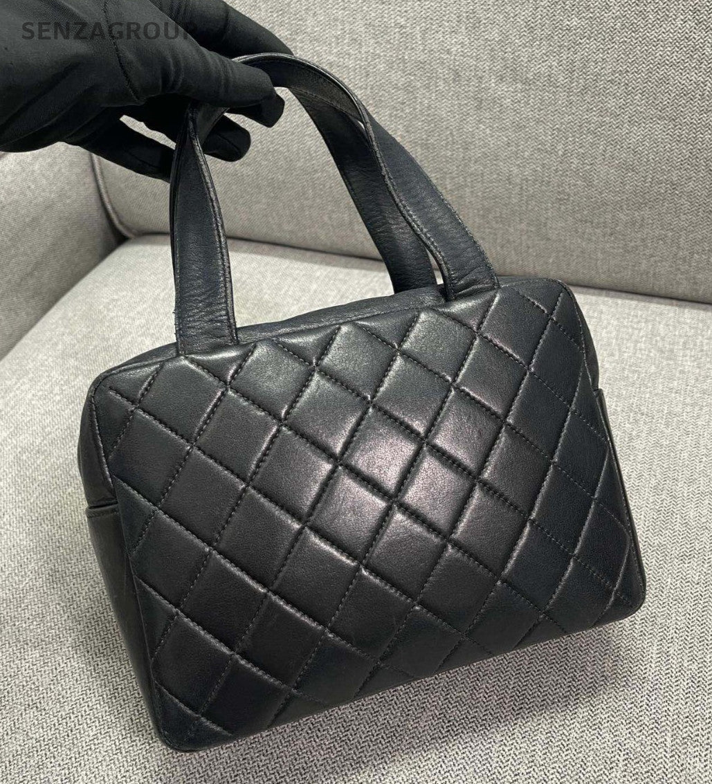 CHANEL Vintage Diamond Pattern Top Handle Handbag Black Classic Women