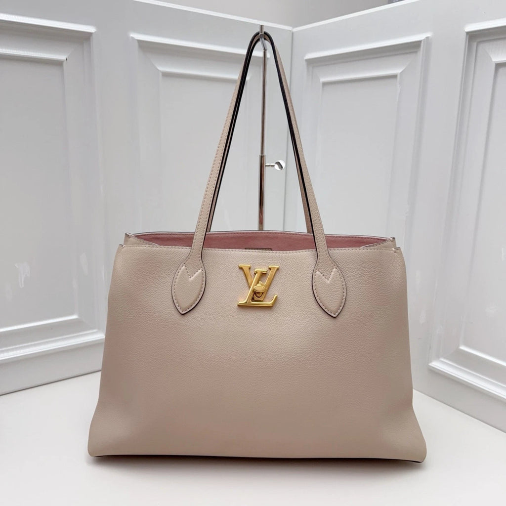 Louis Vuitton Lockme Shopper Calfskin Tote Shoulder Bag Beige Gold Women