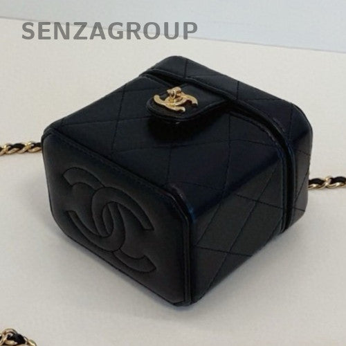 Chanel Lambskin Box Chain Shoulder Bag Crossbody Black Gold Women Classic