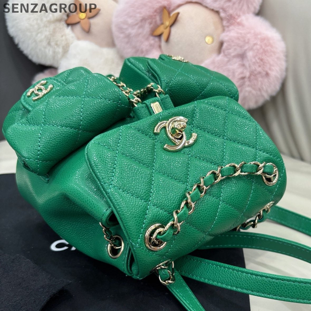 Chanel Duma PM Calfskin Chain Backpack Green Gold Diamond Women Classic