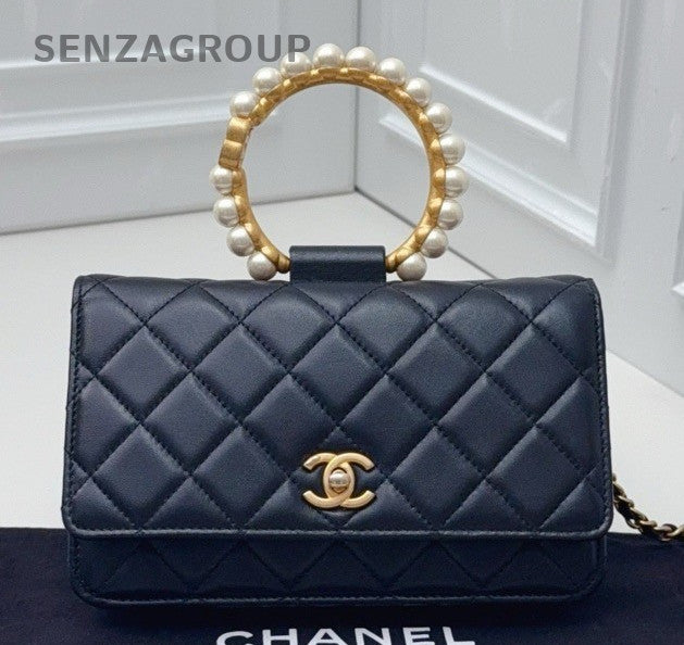 Chanel WOC Pearl Top Handle Bag Chain Shoulder Bag Black Gold Used Women