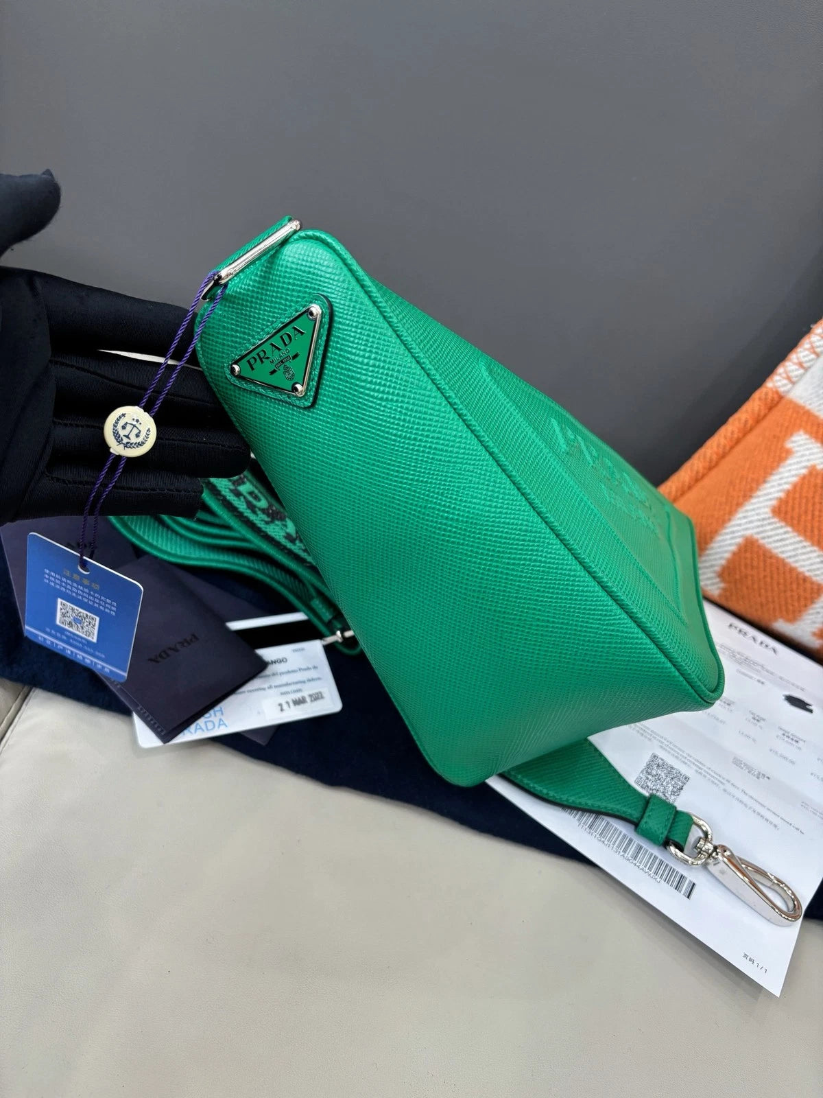 Prada Calfskin Triangle Crossbody Green Silver Women Classic