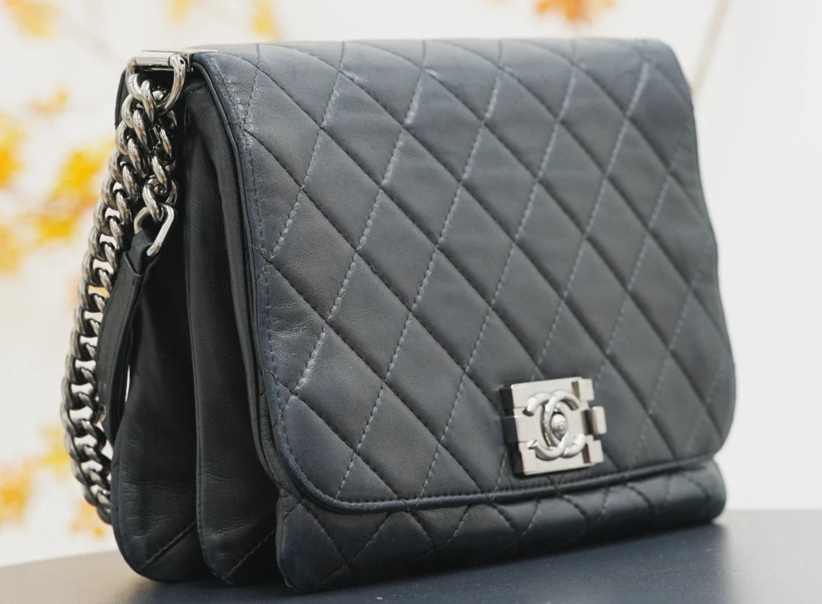 CHANEL Leboy Diamond pattern Chain Shoulder Bag Black Silver - Pre-Owned