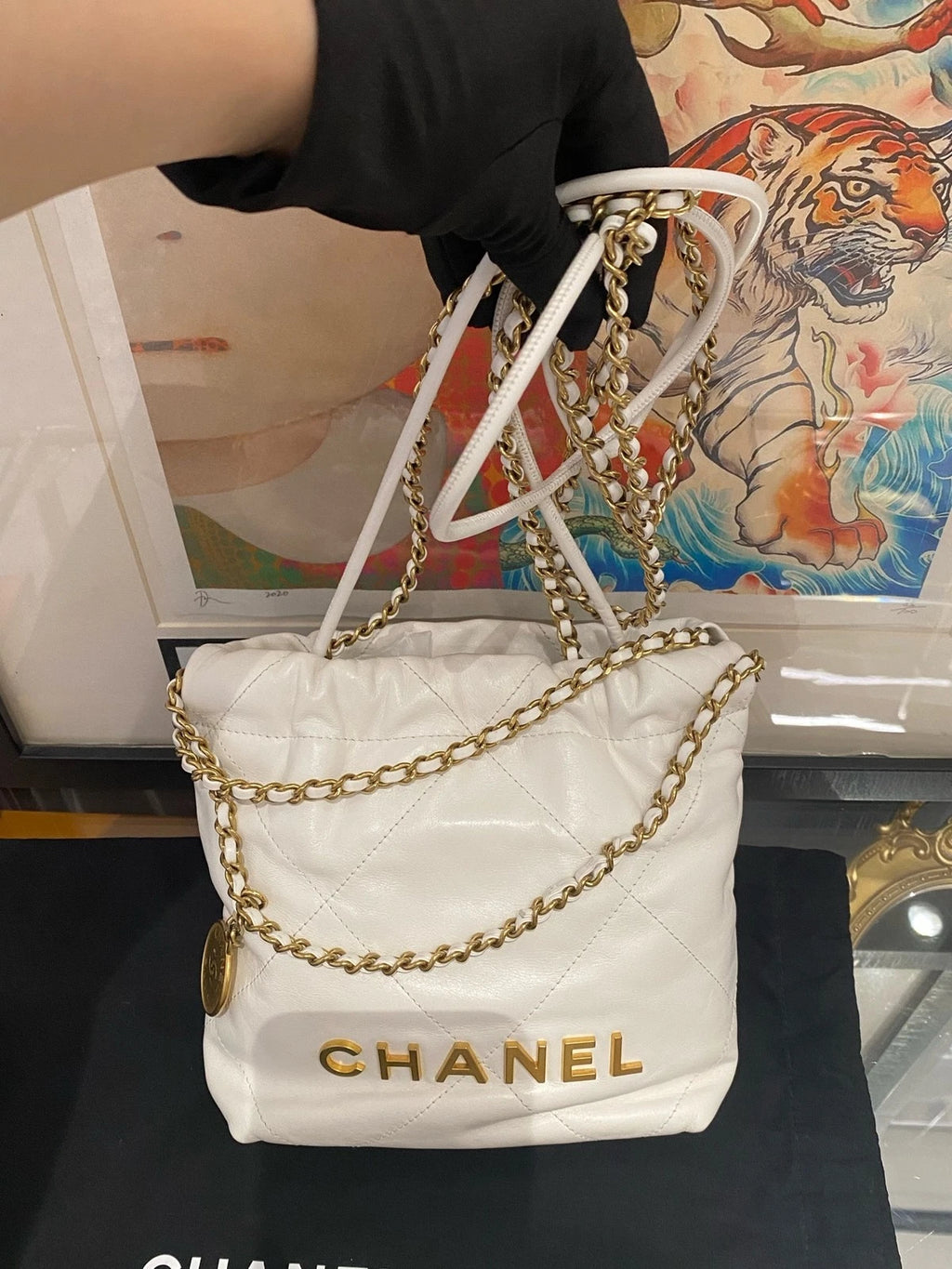 CHANEL 22Bag Mini White Gold Hardware Tote Shoulder Bag Women