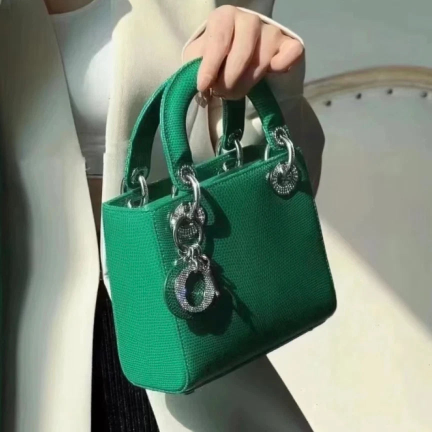 Christian Dior Lady Dior 2Way Top Handle Bag Crossbody Green Silver Women S
