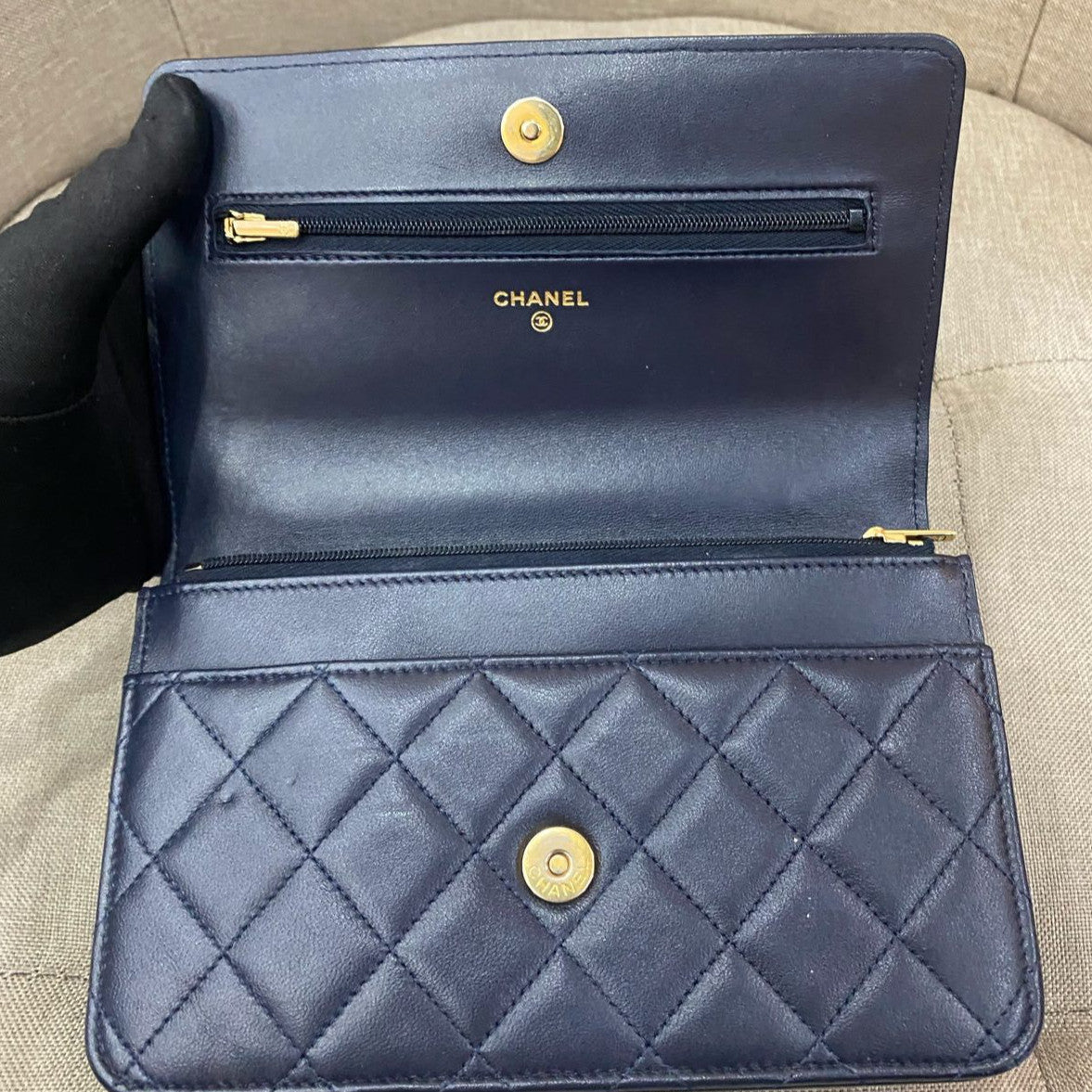 Chanel 22K Navy Blue Gold Hardware WOC Chain Crossbody Bag