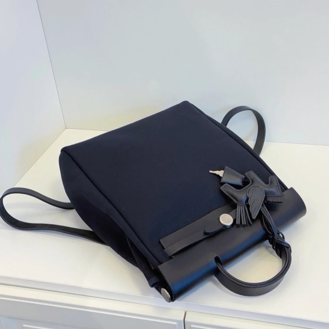 Hermes Herbag Backpack Top Handle Bag Black Silver Hardware Unisex Fashion