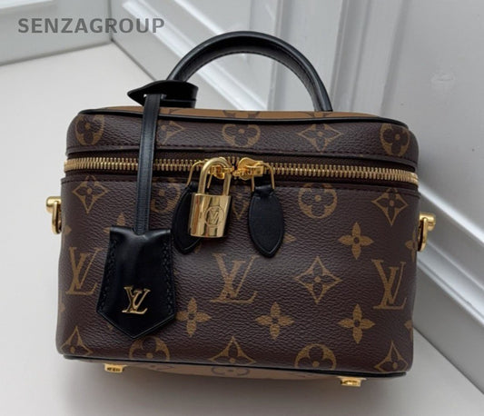 Louis Vuitton Vanity Monogram Chain Crossbody Top Handle Bag Brown Gold Women