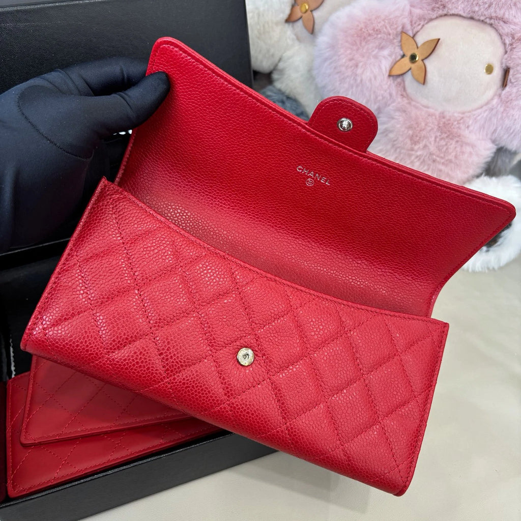 Chanel Calfskin Diamond Clutch Red Silver Women Classic