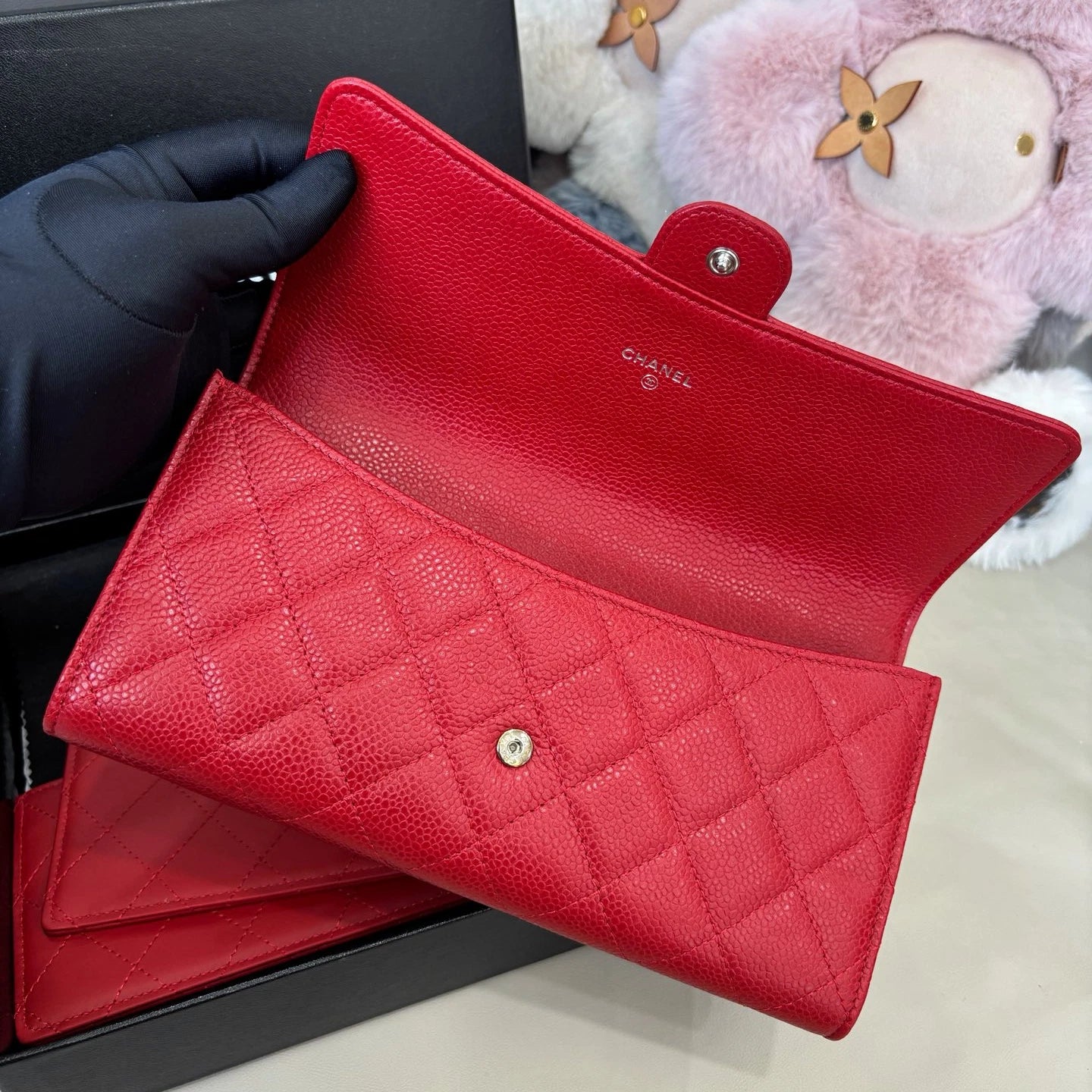 Chanel Calfskin Diamond Clutch Red Silver Women Classic