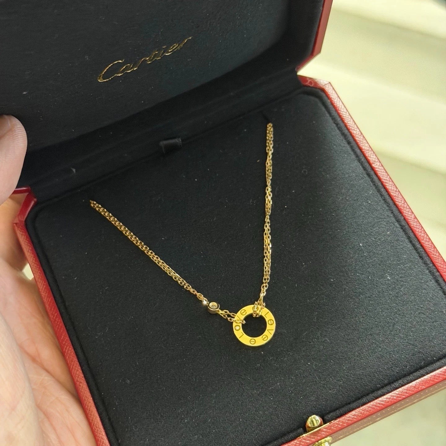 Excellent Cartier Love 18K Rose Pink Gold with 2 Diamonds Round Pendant Necklace