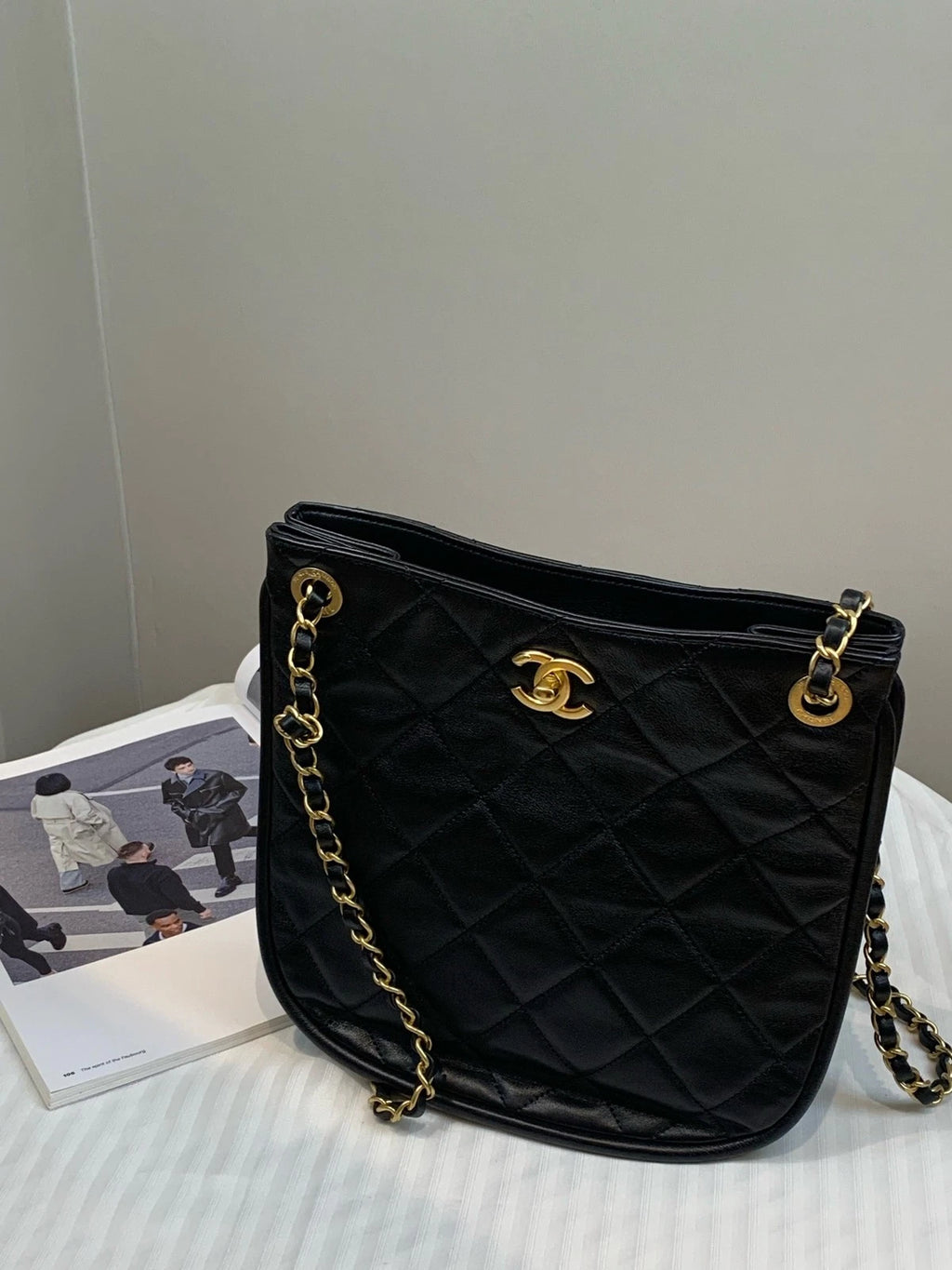 CHANEL Black Gold Calfskin Hobo Shoulder Crossbody Bag For Women