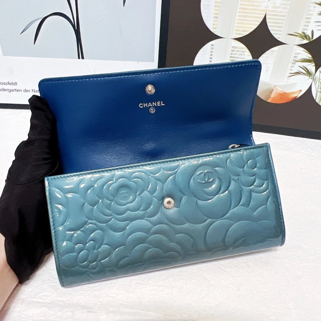 CHANEL Camellia Patent Leather Long Royal Blue Wallet For Women