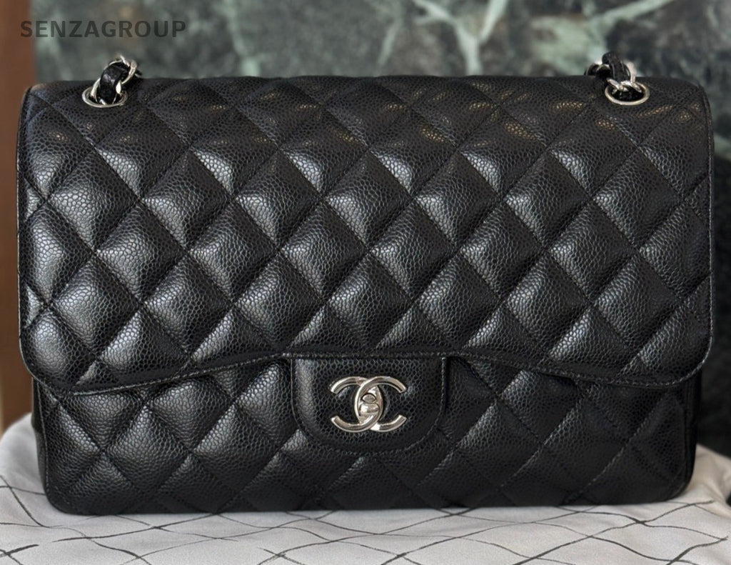 Chanel Classic Flap Jumbo Calfskin Chain Shoulder Bag Black Silver Women