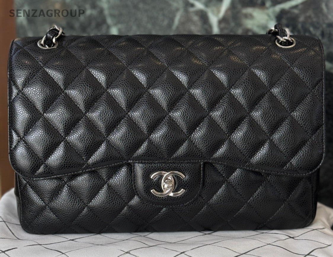 Chanel Classic Flap Jumbo Calfskin Chain Shoulder Bag Black Silver Women