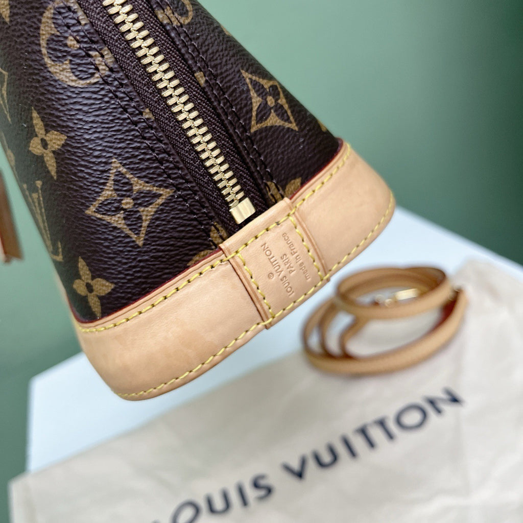 Louis Vuitton Alma BB Monogram Canvas Top Handle Crossbody Brown Gold Used Women