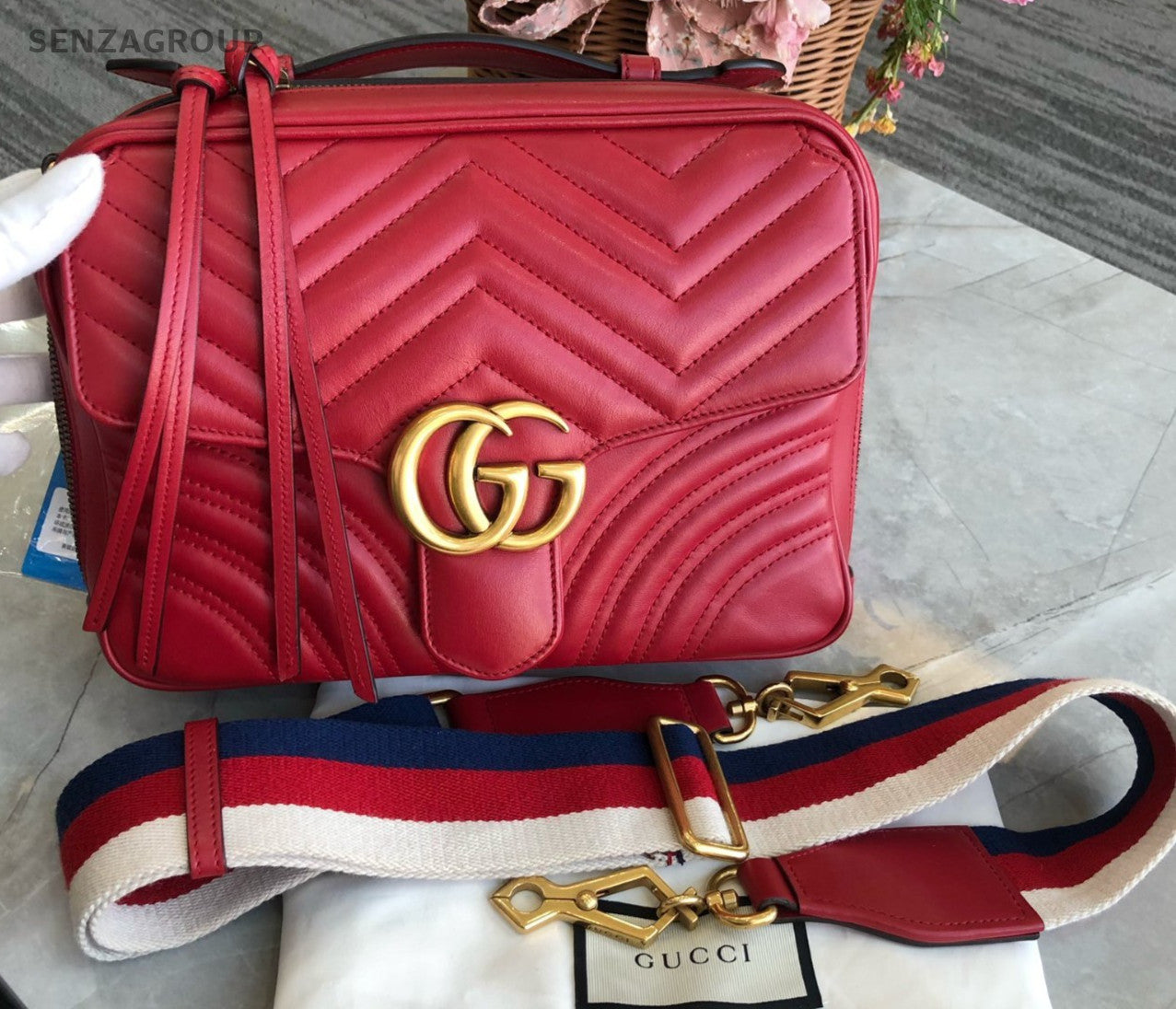 GUCCI GG Marmont Camera bag Top Handle 2way Shoulder Handbag Women Red Gold