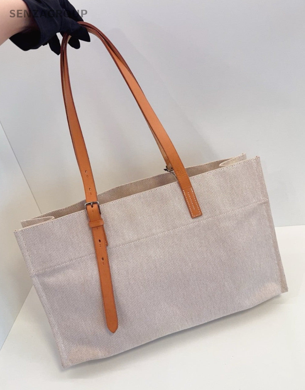 Hermes Etriviere Tote Beige Canvas with golden-brown leather shoulder strap