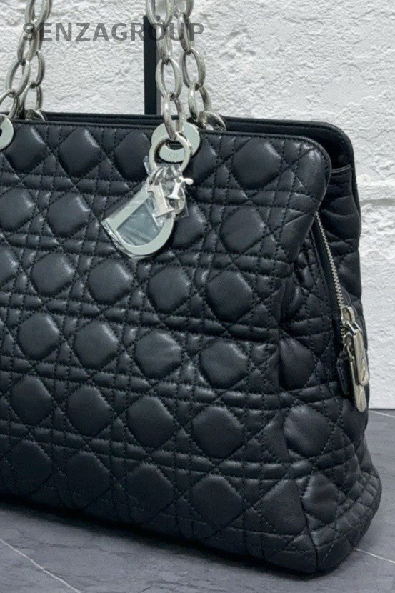 Dior Lady Lambskin Leather Chain Tote Shoulder Bag Black Silver Women Classic
