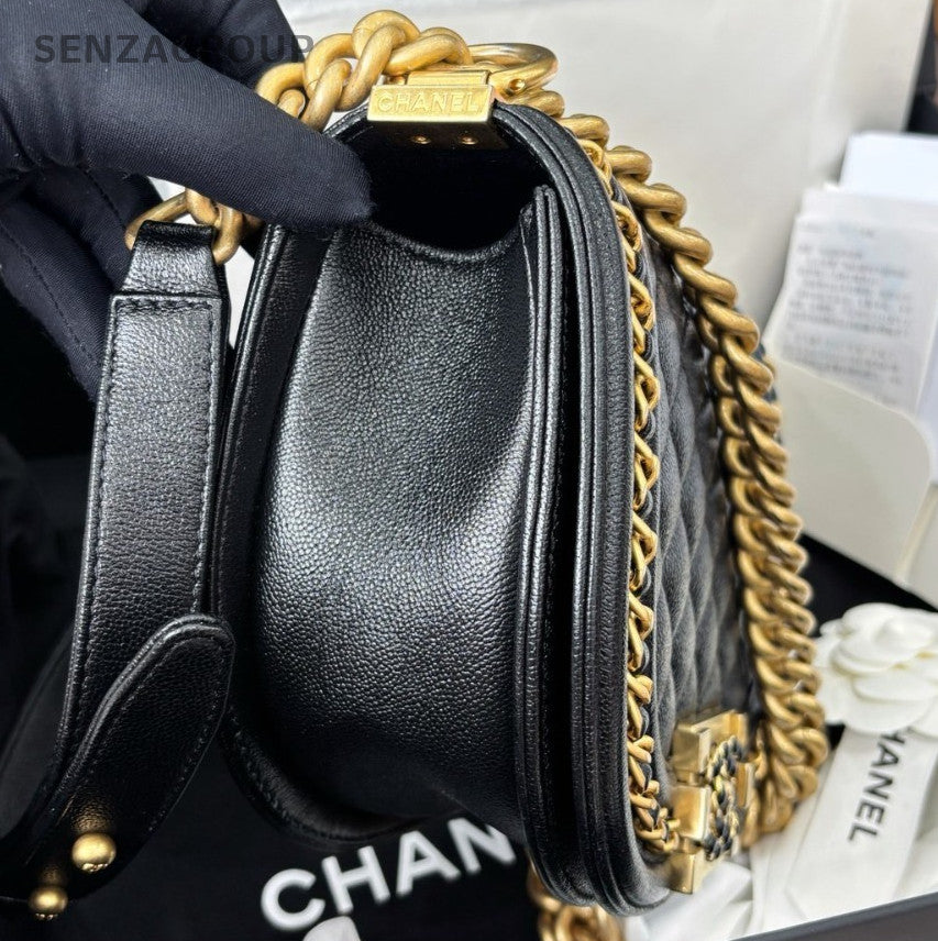 Chanel Leboy Calfskin Chain Shoulder Bag Black Gold Diamond Women Classic