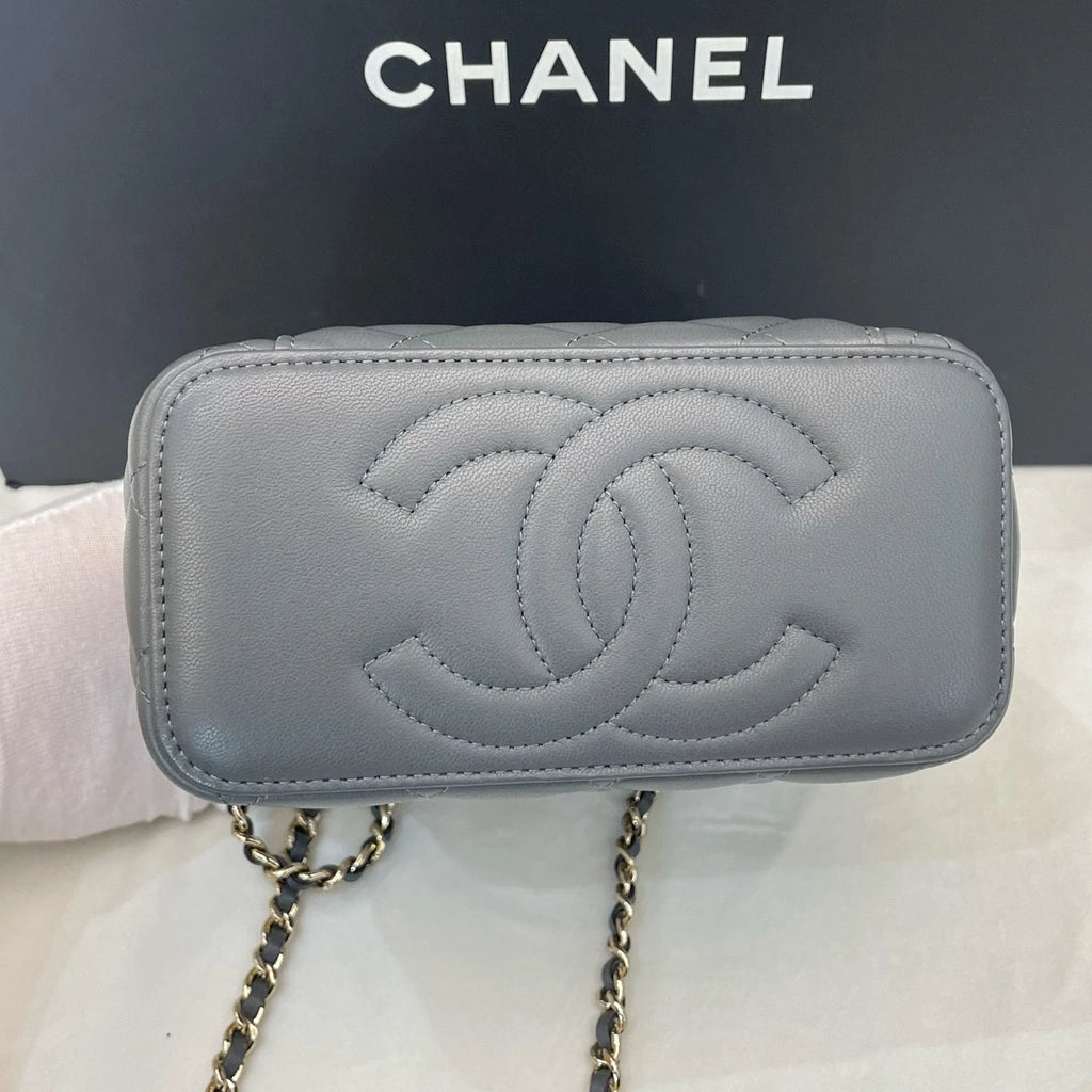 Chanel Long Box Gold Chain Gray Top Handle Crossbody Chip Version Excellent