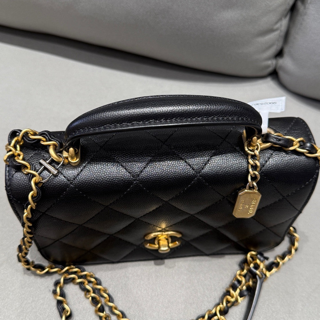 Chanel 23B Black Gold Quilted Classic Flap Bag Chain Shoulder Tote